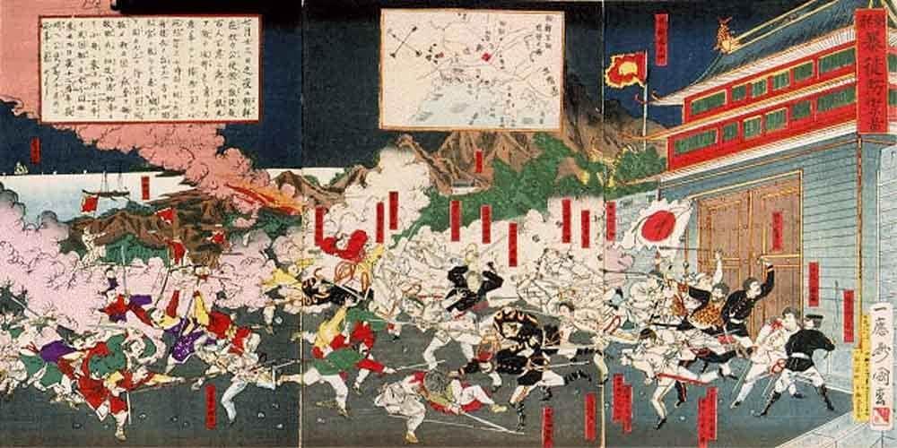 본문 이미지 - 임오군란 묘사도. (출처: 歌川国松, 채색화(1882), http://www.tku.ac.jp/~library/korea/N062.HTM, Wikimedia Commons, Public Domain)