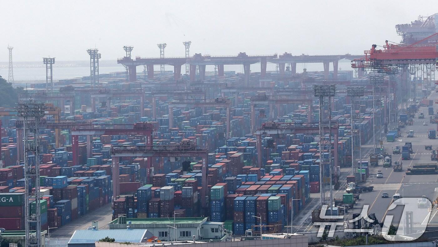 본문 이미지 - 1일 부산항 신선대부두에 컨테이너가 가득 쌓여 있다.  2024.7.1/뉴스1 ⓒ News1 윤일지 기자