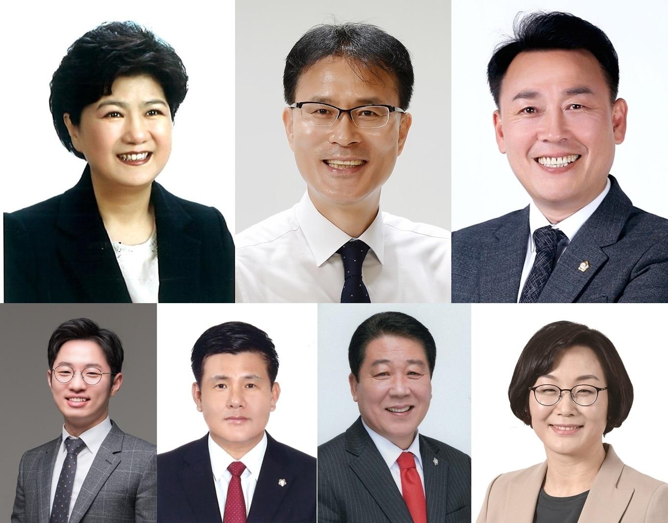 본문 이미지 -  상단 왼쪽부터 남연심‧김영근‧김성택 의원.하단 왼쪽부터 유광욱‧박노학‧안성현‧변은영 의원..