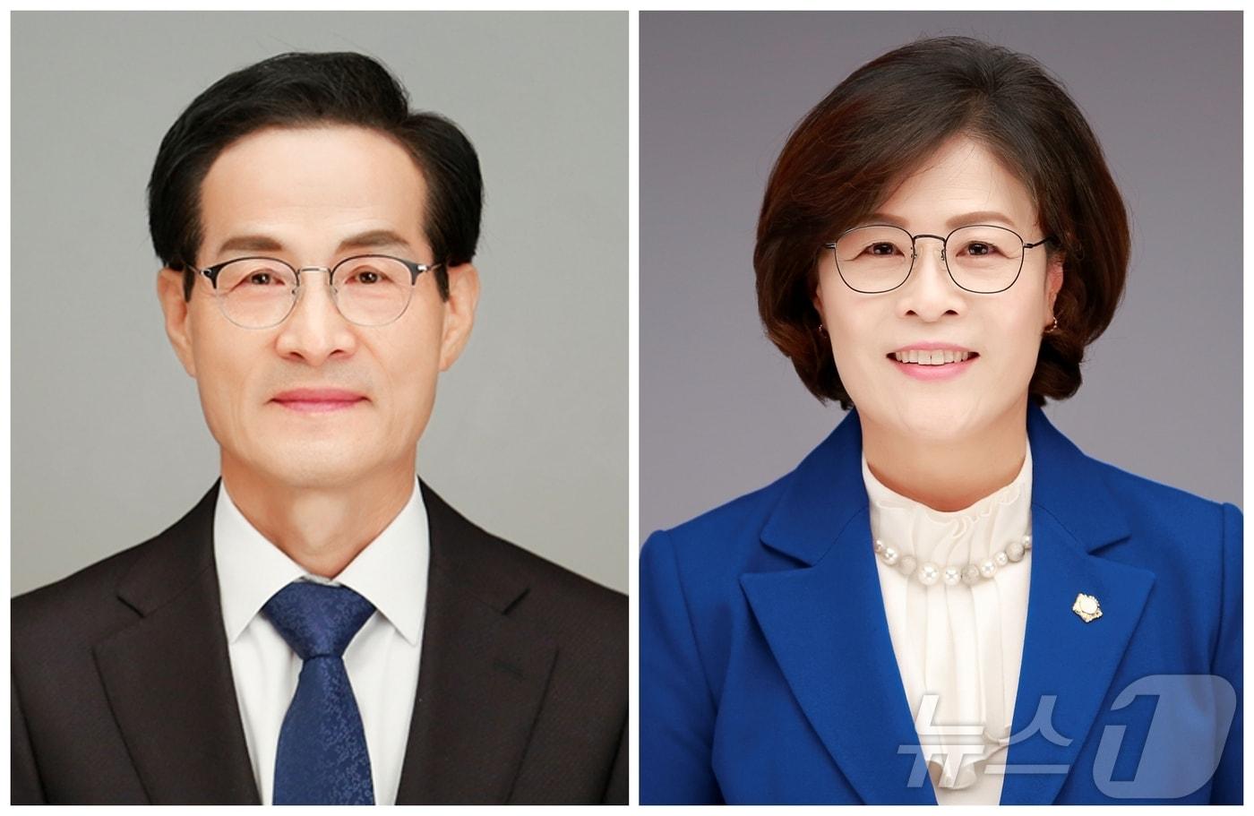 본문 이미지 - 김제시의회는 1일 제280회 임시회를 열어 제9대 후반기를 이끌 의장에 서백현 의원(사진 왼쪽), 부의장에 이정자 의원을 각각 선출했다. 2024.7.1/뉴스1