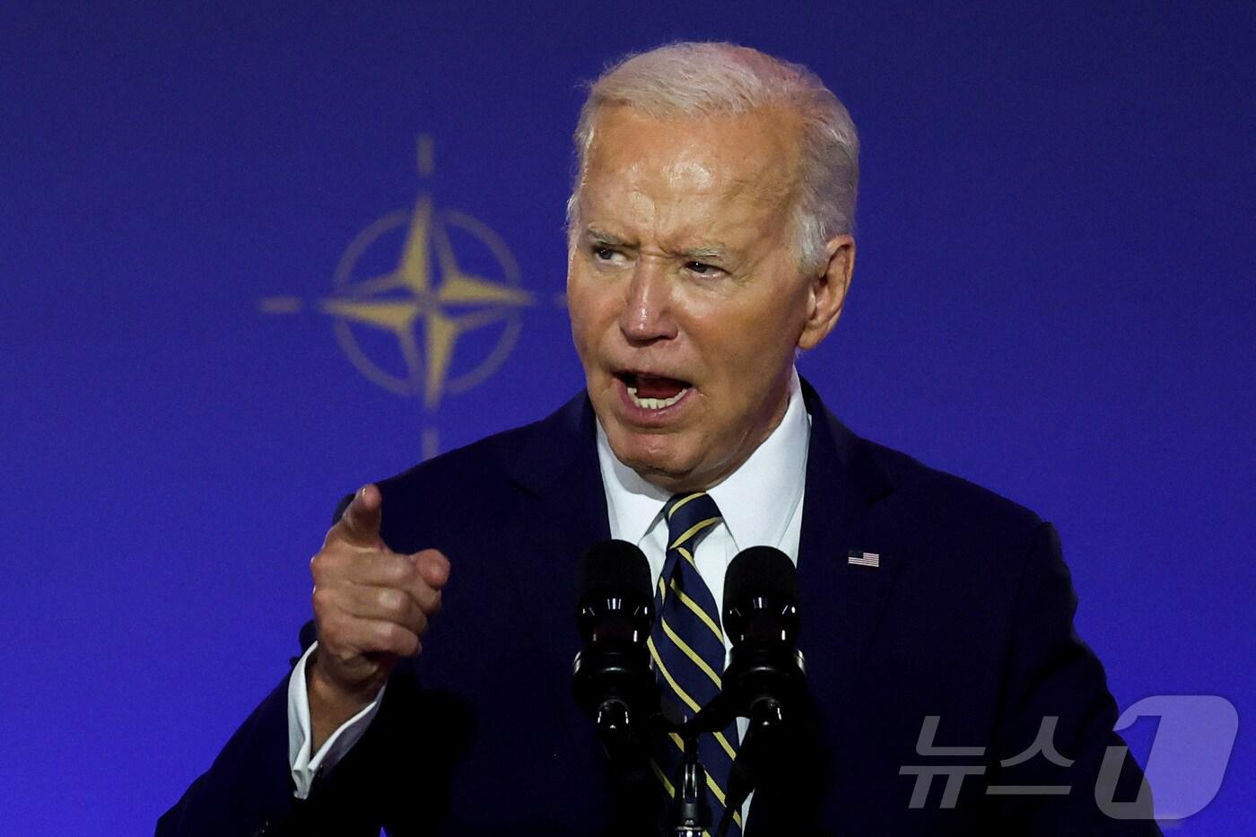 본문 이미지 - 9일(현지시간) 미국 워싱턴DC에서 열린 나토 창설 75주년 기념 행사에서 조 바이든 미국 대통령이 연설을 하고 있다.2024.07.09/ ⓒ 로이터=뉴스1 ⓒ News1 이강 기자