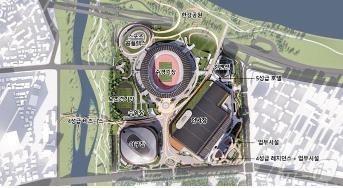 본문 이미지 - 잠실 스포츠·마이스 복합공간 조성사업 단지배치도. 서울시 제공.