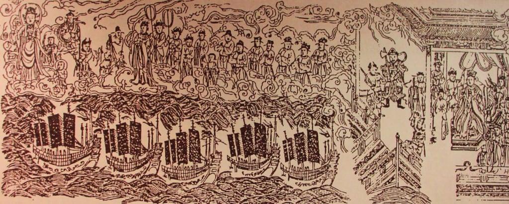 본문 이미지 - 정화의 대원정 함대를 묘사한 그림 (출처: Unknown author, Traced and restored map illustration from "Tian Fei Jing" first volume of Zheng He's voyages to the West, 삽화(1420), Wikimedia Commons, Public Domain)