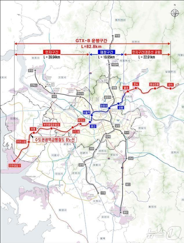 본문 이미지 - GTX-B 노선도.(인천시 제공) ⓒ News1 강남주 기자