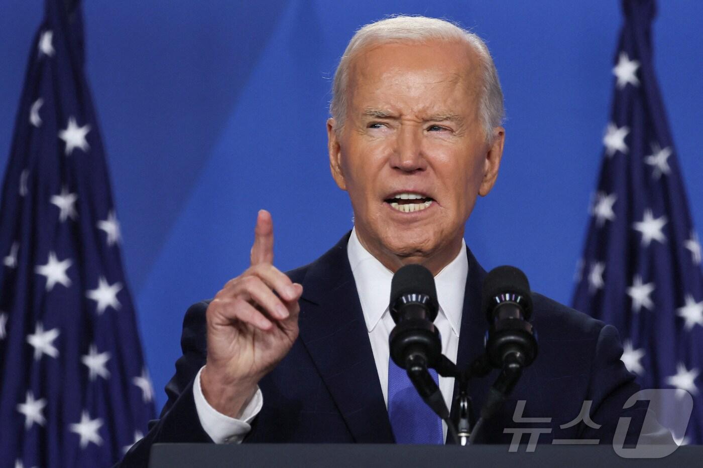 본문 이미지 - 11일(현지시간) 미국 워싱턴에서 조 바이든 미국 대통령이 나토 창설 75주년 정상회의 이후 단독 기자회견을 하고 있다.2024.07.11/ ⓒ 로이터=뉴스1 ⓒ News1 이강 기자