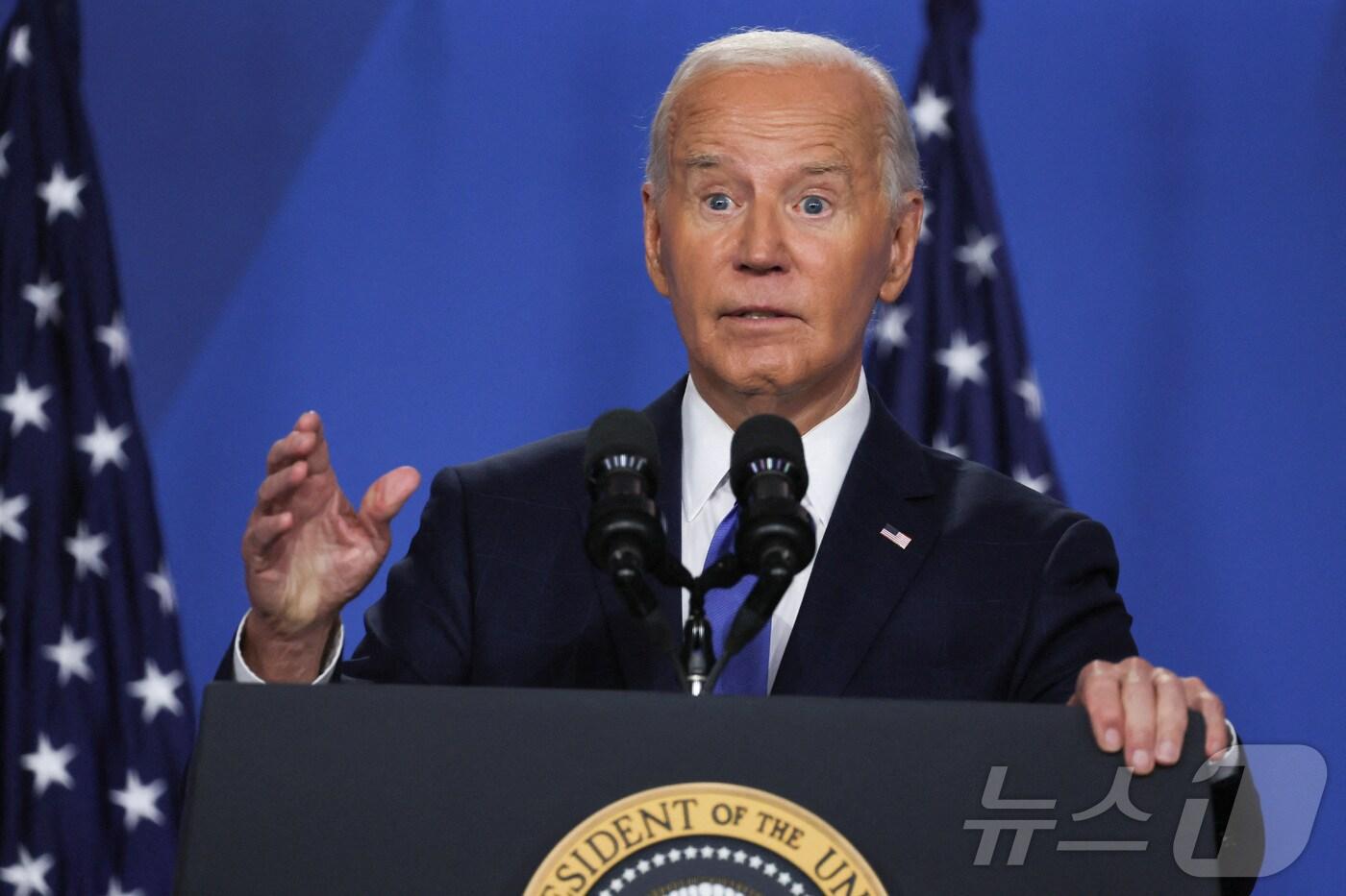 본문 이미지 - 조 바이든 미국 대통령이 북대서양조약기구(NATO·나토) 창설 75주년 기념 정상회의가 폐막한 11일(현지시간) 워싱턴DC에서 단독 기자회견을 열었다. 2024.07.11. ⓒ 로이터=뉴스1 ⓒ News1 김성식 기자