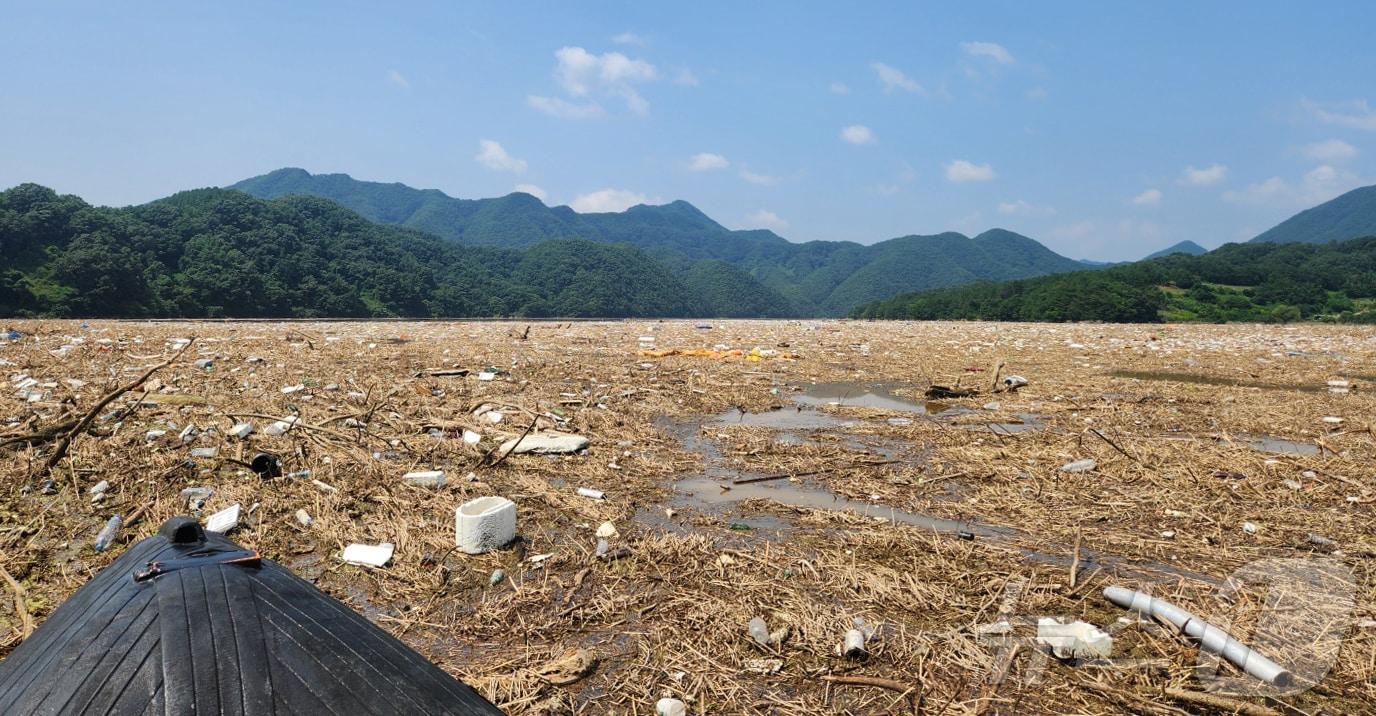 본문 이미지 - 12일 대청호 뒤덮은 부유 쓰레기
