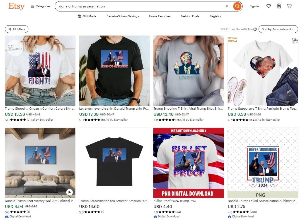 본문 이미지 - 도널드 트럼프 미국 전 대통령의 피격 장면을 담은 각종 상품들이 생산되고 있다. <출처=엣시 홈페이지 캡처>