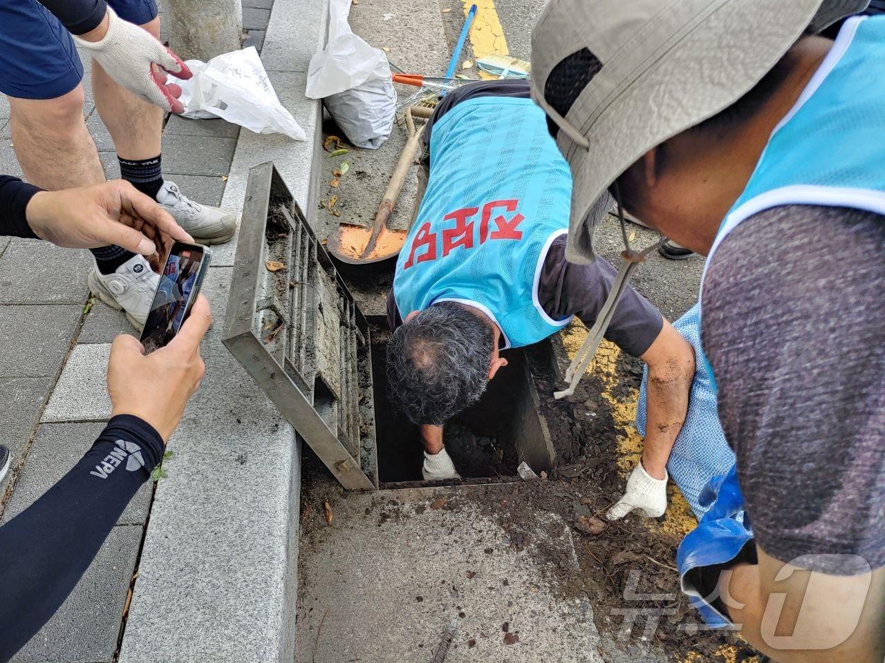 본문 이미지 - 진보당 울산시당이 지난 7월 초부터 2주간 '폭우 폭염 대비 1호 민생활동'을 진행했다. 동구 새납마을 현장 점검을 통해 배수구 퇴적물을 정비하고 있다.(진보당 울산시당 제공)