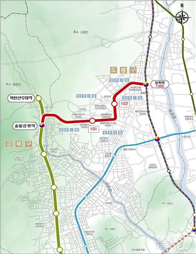 본문 이미지 -  우이방학 경전철 연장선 노선도 (도봉구 제공)