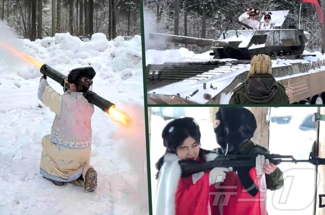본문 이미지 - 러시아 모스크바에서 군사 체험을 하는 중국인 관광객.(샤오홍슈 갈무리).