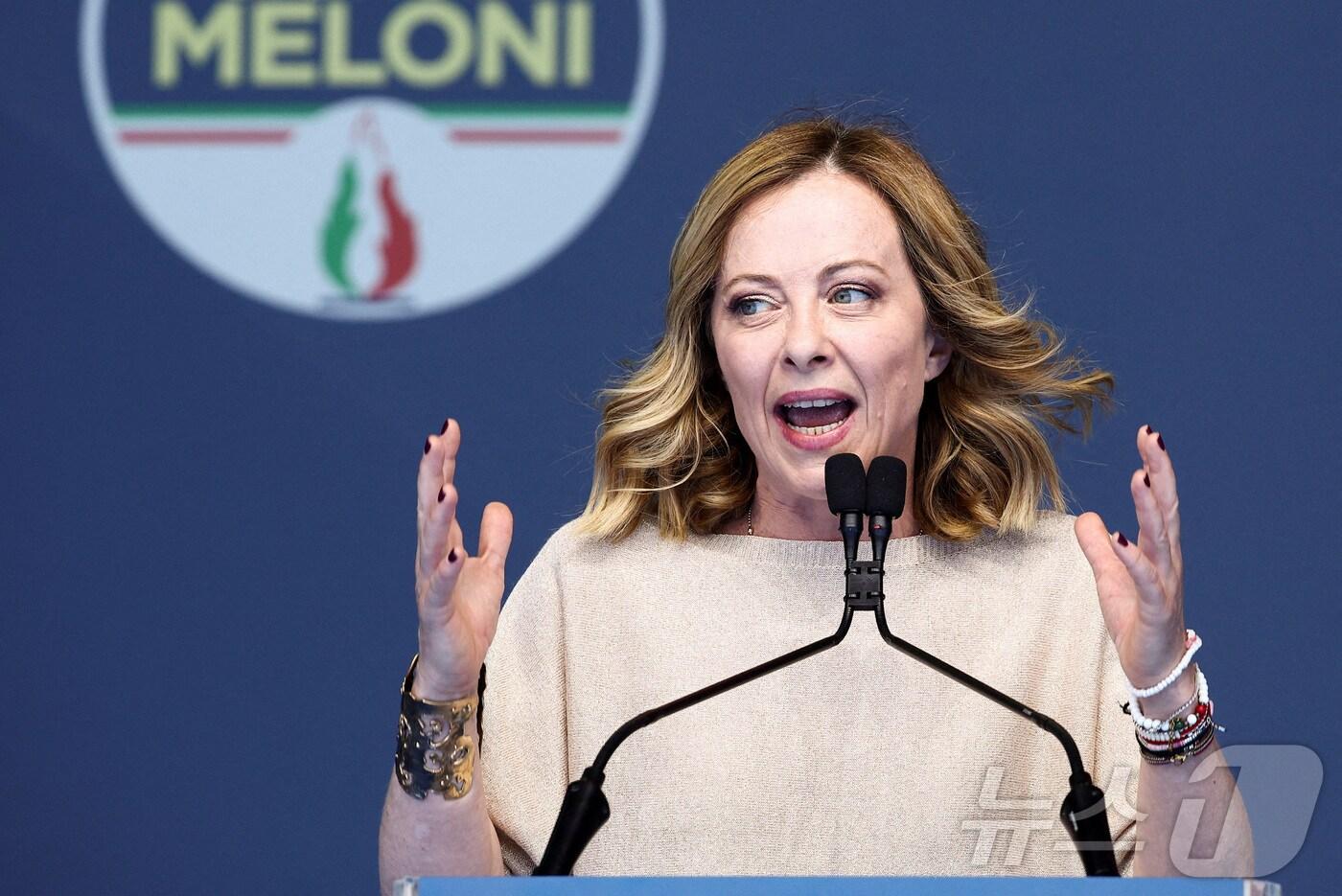 조르자 멜로니 이탈리아 총리가 지난달 1일 (현지시간) 로마에서 열린 유럽 의회 선거운동 폐막식에서 연설하는 모습. 2024.06.01/ ⓒ 로이터=뉴스1 ⓒ News1 조유리 기자