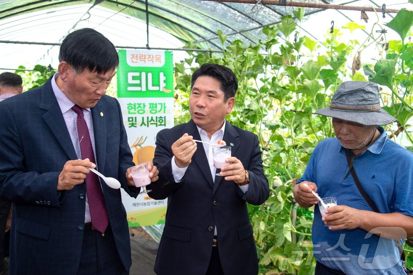본문 이미지 - 김창규(가운데) 제천시장과 박영기 의장이 '듸냐'를 시식하고 있다.(제천시 제공)2024.7.22/뉴스1