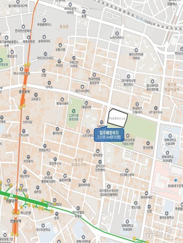 본문 이미지 - 삼성그룹 계열사인 호텔신라가 향토기업인 케이케이(옛 경북광유)와 손잡고 대구 중구 공평네거리에 프리미엄급 호텔을 짓는다. 신라호텔 건립 위치도(대구시 제공)