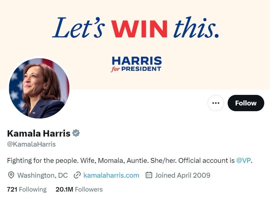 본문 이미지 - 카멀라 해리스 미국 부통령의 사회관계망서비스(SNS) 엑스 계정의 소개란 갈무리. (출처 : 엑스) 2024.07.23/