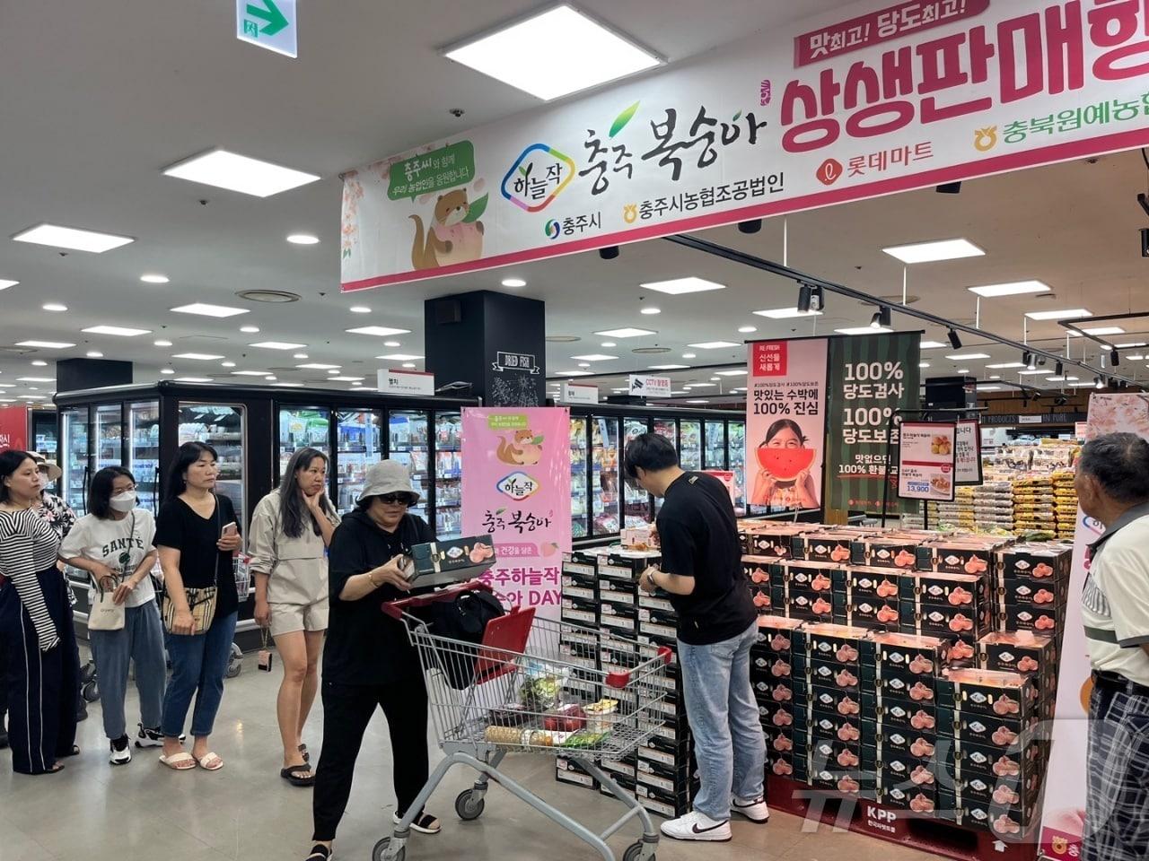 본문 이미지 -  24일 충북 충주시가 전국 롯데마트 매장에서 충주 하늘작 복숭아 할인 행사를 진행한다고 밝혔다. 사진은 충주복숭아를 사기 위해 줄지어 서 있는 모습.(충주시 제공)2024.7.24/뉴스1
