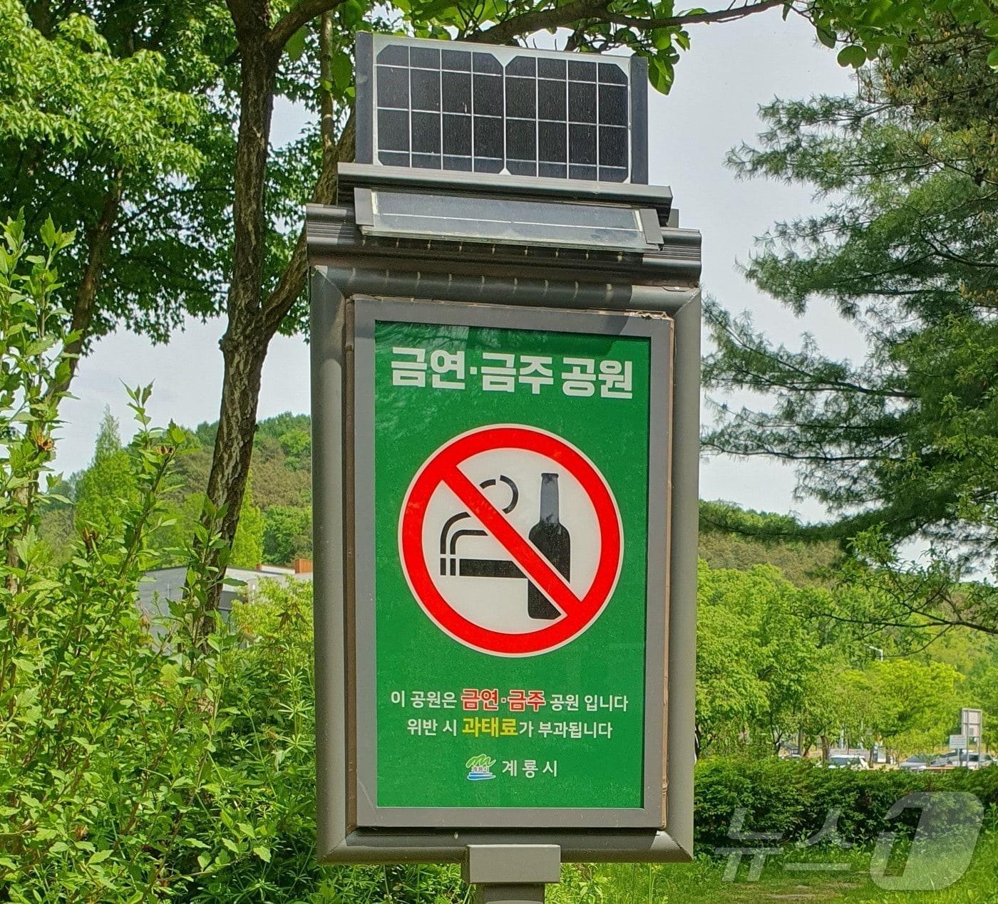 본문 이미지 - 공원에 설치된 금연·금주 태양광 LED 안내표지판. (계룡시 제공) /뉴스1