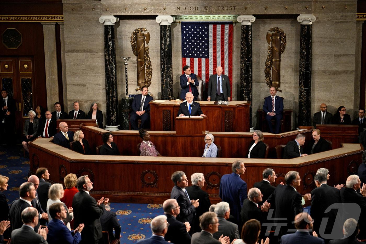 베냐민 네타냐후 총리가 24일(현지시간) 미국 워싱턴DC 미(美) 국회의사당에서 열린 상·하원 합동회의에서 연설을 하고 있다. 2024.07.24/뉴스1 ⓒ 로이터=뉴스1 ⓒ News1 조소영 기자