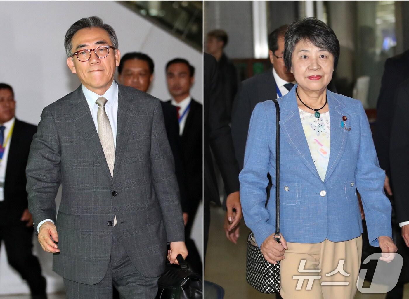 본문 이미지 - 조태열 외교부 장관과 가미카와 요코 일본 외무상이 아세안&#40;ASEAN·동남아시아국가연합&#41; 관련 외교장관회의 개막을 하루 앞둔 25일&#40;현지시간&#41; 라오스 비엔티안 왓타이 국제공항에 나란히 도착하고 있다. 2024.7.25/뉴스1 ⓒ News1 오대일 기자