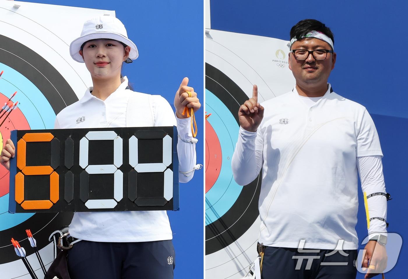 본문 이미지 - 2024 파리올림픽 대한민국 양궁대표팀 임시현(왼쪽)과 김우진/뉴스1 ⓒ News1 이동해 기자