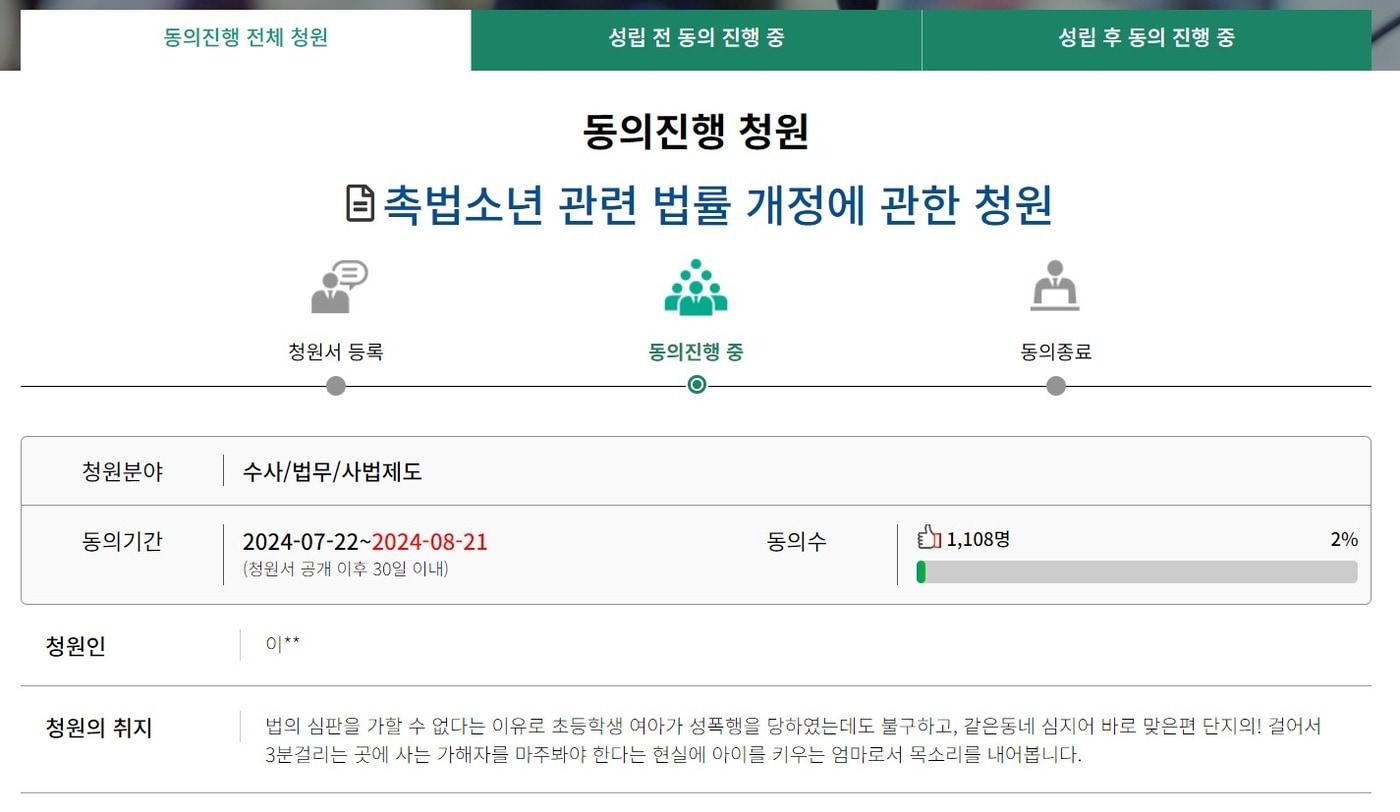 본문 이미지 - 세종 초등생 성추행과 관련 촉법소년법 개정을 요구하는 청원 글. (국회 국민동의청원 게시판 캡처) / 뉴스1 