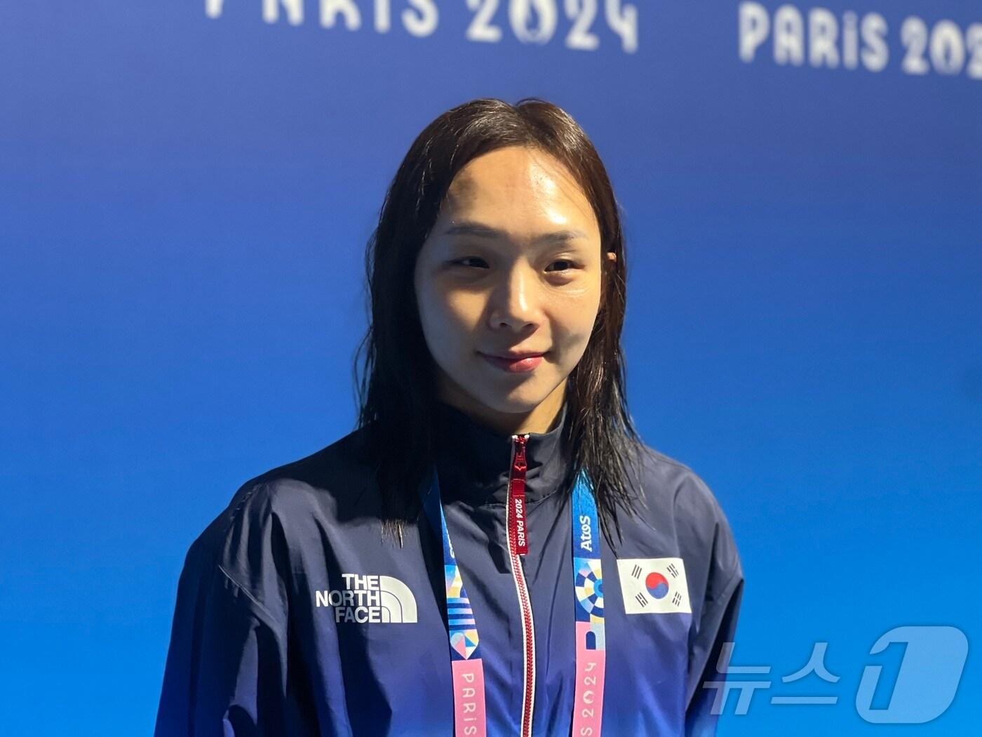 본문 이미지 - 경영 국가대표 김서영이 26일(한국시간) 프랑스 파리 라데팡스 아레나에서 훈련을 마친 뒤 취재진과 인터뷰하고 있다. 2024.7.26/뉴스1 ⓒ News1 이동해 기자