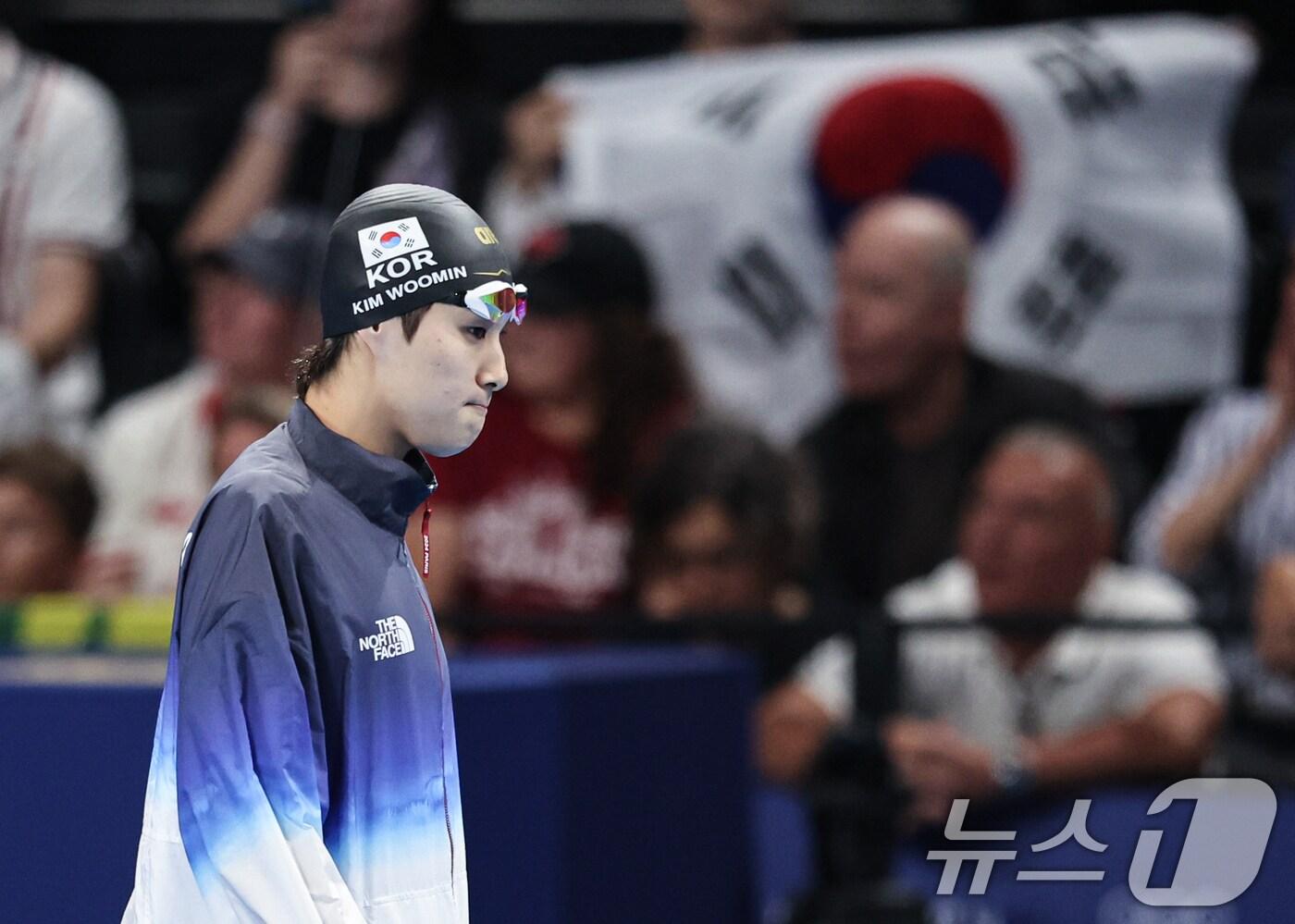 대한민국 수영대표팀 김우민이 28일(한국시간) 프랑스 파리 라데팡스에서 열린 남자 400M 자유형 결승 경기에 출전하고 있다. 2024.7.28/뉴스1 ⓒ News1 이동해 기자