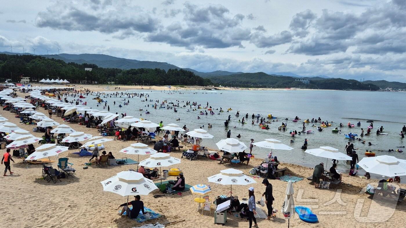 본문 이미지 - 28일 강원 양양군 현남면 남애리의 남애3리해수욕장이 물놀이를 즐기러 온 가족과 연인, 친구 단위 피서객들로 가득차 있다. 이날 양양지역 20곳의 해수욕장에는 3만1000여명의 인파가 몰렸다.(양양군 제공)/뉴스1