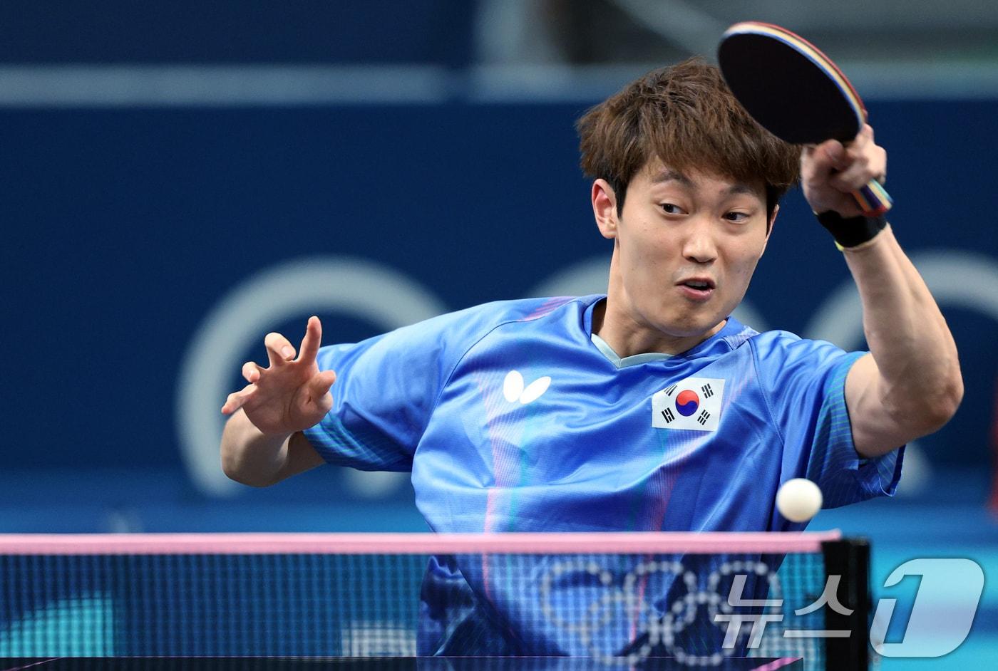 대한민국 탁구 대표팀 조대성 선수가 28일 오후(한국시간) 프랑스 파리 사우스 파리 아레나 4에서 열린 '2024 파리올림픽' 탁구 남자 단식 64강 미국의 카낙 자 선수와 대결을 펼치고 있다. 2024.7.28/뉴스1 ⓒ News1 박정호 기자