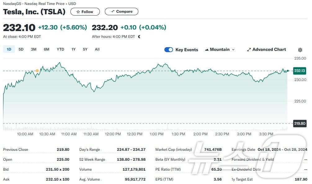 본문 이미지 - 테슬라 일일 주가추이 - 야후 파이낸스 갈무리