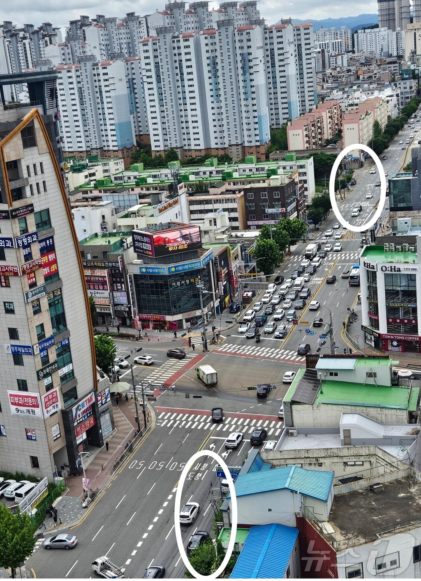 본문 이미지 - 30일 오전 8시쯤 사창사거리. 평소 이 시간에는 흰색 원으로 친 부분까지 차량으로 가득하다.2024.7.30/뉴스1 이재규 기자