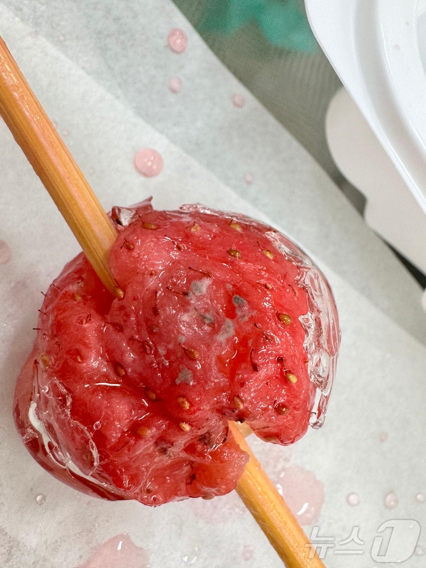 본문 이미지 - 최근 A 씨가 국내 대형 프랜차이즈 카페에서 시켜 먹은 딸기 탕후루에 곰팡이가 피어 있다. (A 씨 제공) 2024.7.30/뉴스1