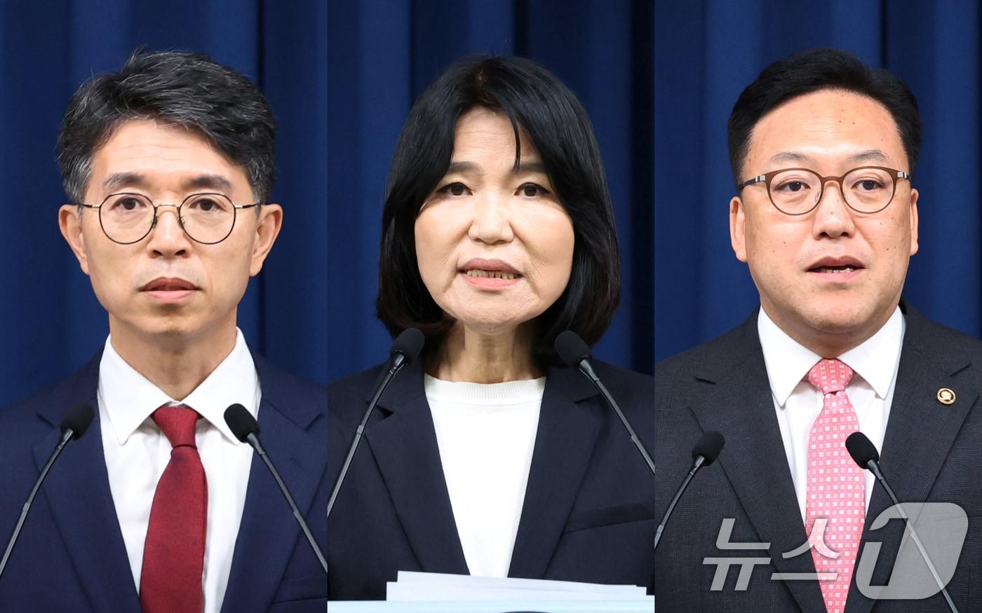 본문 이미지 - 김완섭 환경부장관 후보자(왼쪽부터), 이진숙 방송통신위원장 후보자, 김병환 금융위원장 후보자가 4일 용산 대통령실 청사 브리핑실에서 열린 인사브리핑에서 지명 소감을 말하고 있다. 2024.7.4/뉴스1 ⓒ News1 송원영 기자