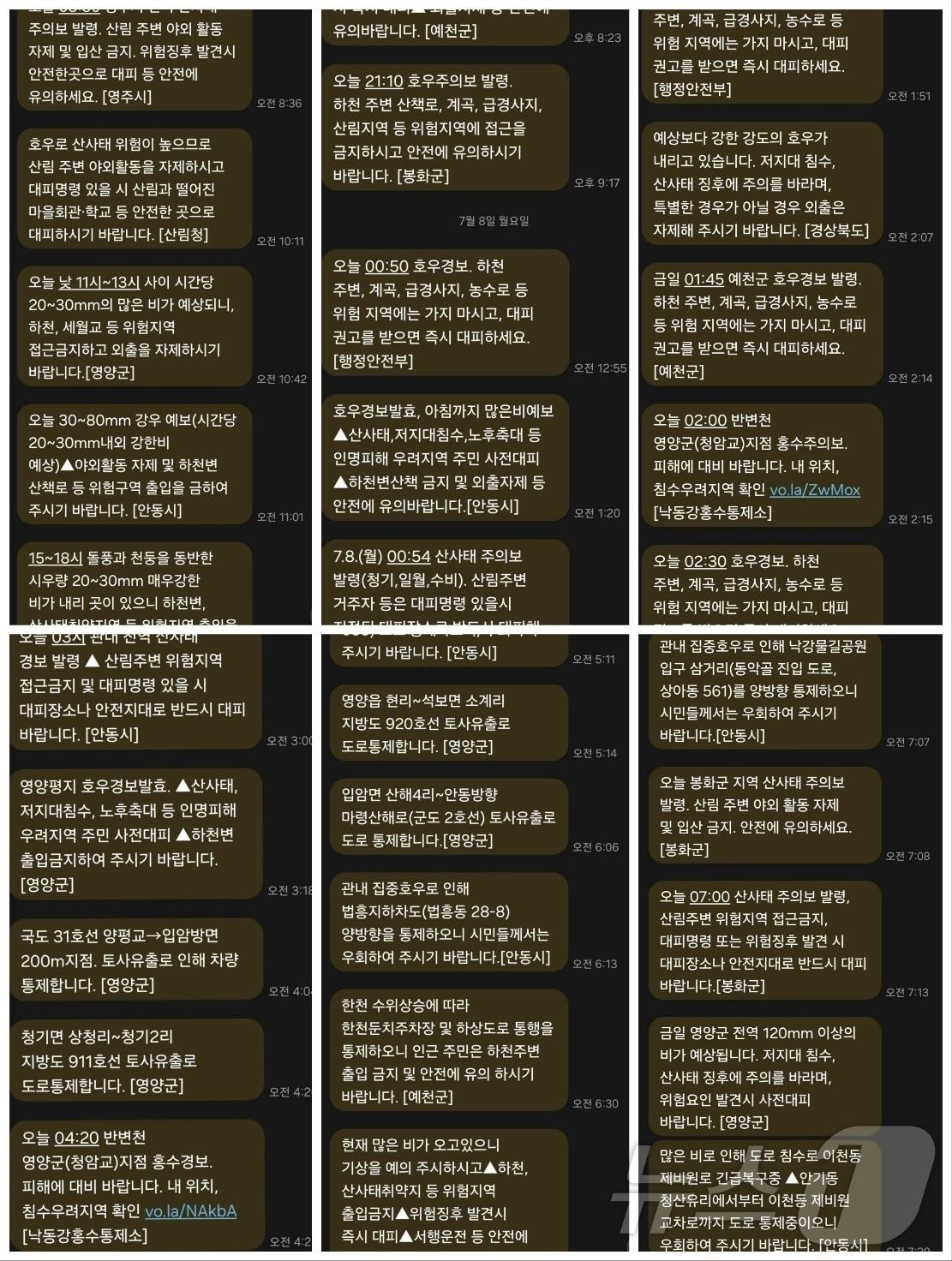 본문 이미지 - 7일 오후 ~8일 오전 경북 북부지역에 폭우로 인해 전송된 재난문자가 33건에 달한다.