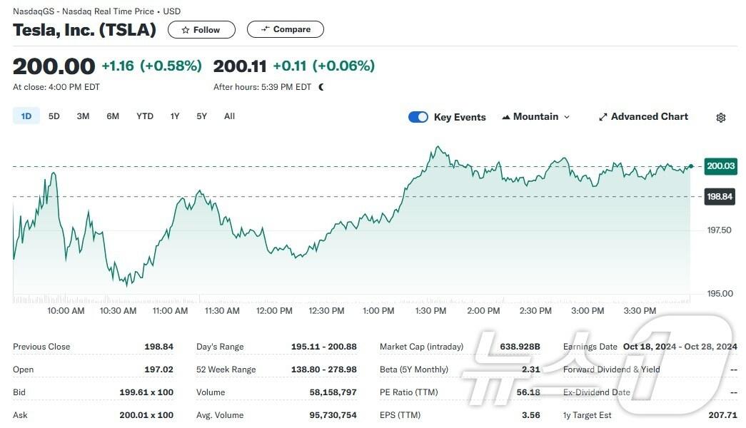 본문 이미지 - 테슬라 일일 주가추이 - 야후 파이낸스 갈무리
