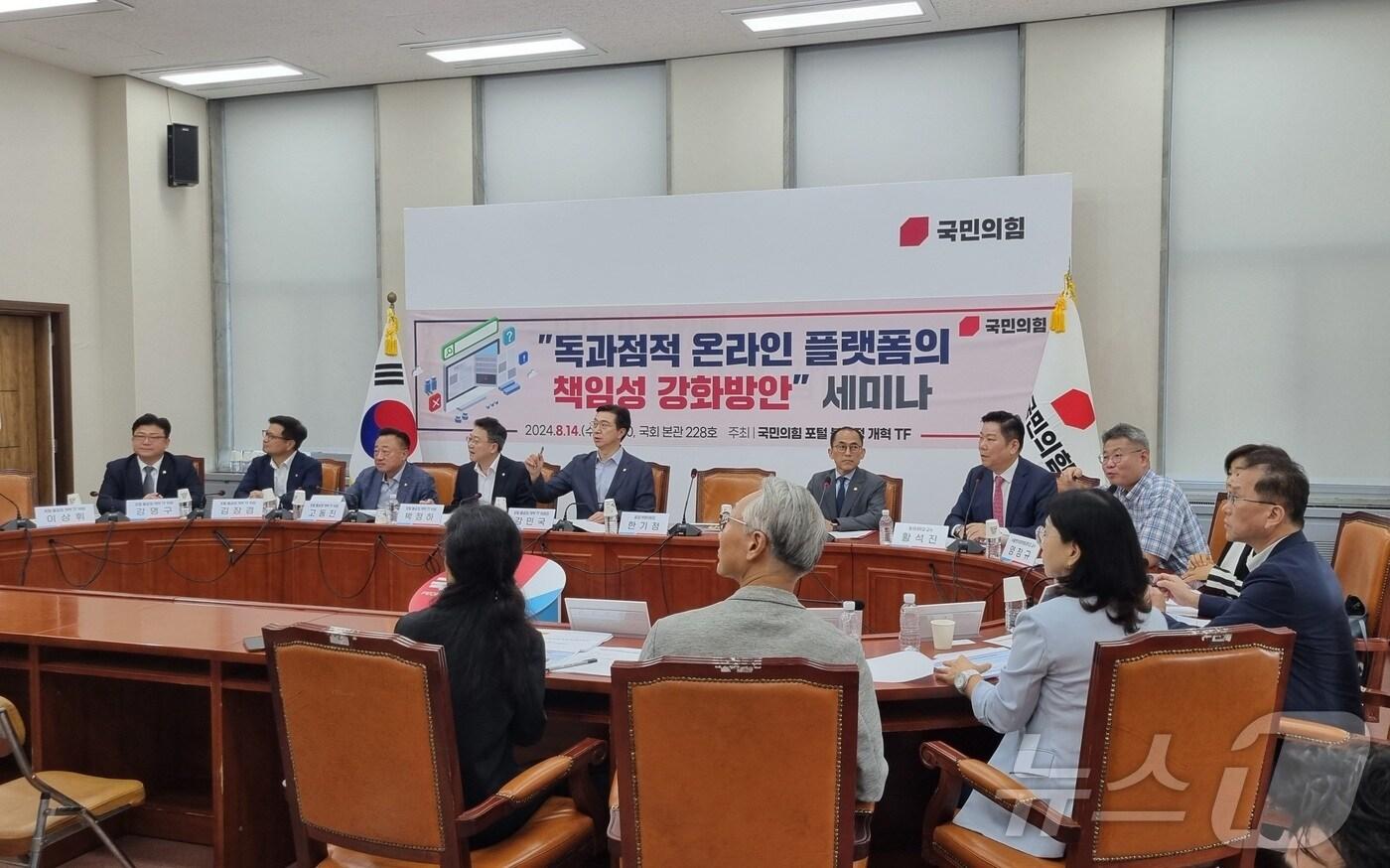 국민의힘 포털 불공정 개혁 태스크포스(TF)가 14일 오전 10시 국회에서 '독과점적 온라인 플랫폼의 책임성 강화 방안' 세미나를 열었다. 2024.08.14 ⓒ 뉴스1 손엄지 기자
