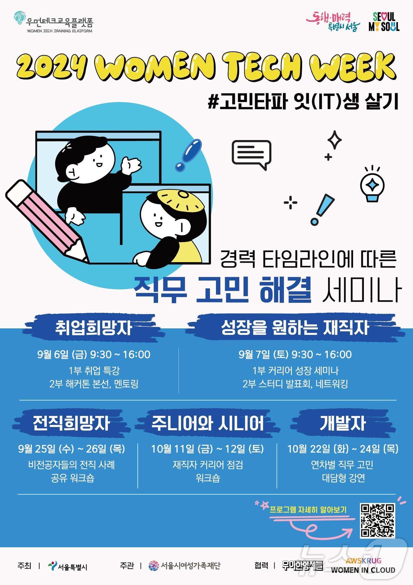 본문 이미지 -  2024 우먼테크-위크(Women Tech Week) #고민타파 잇(IT)생살기' 행사 포스터.