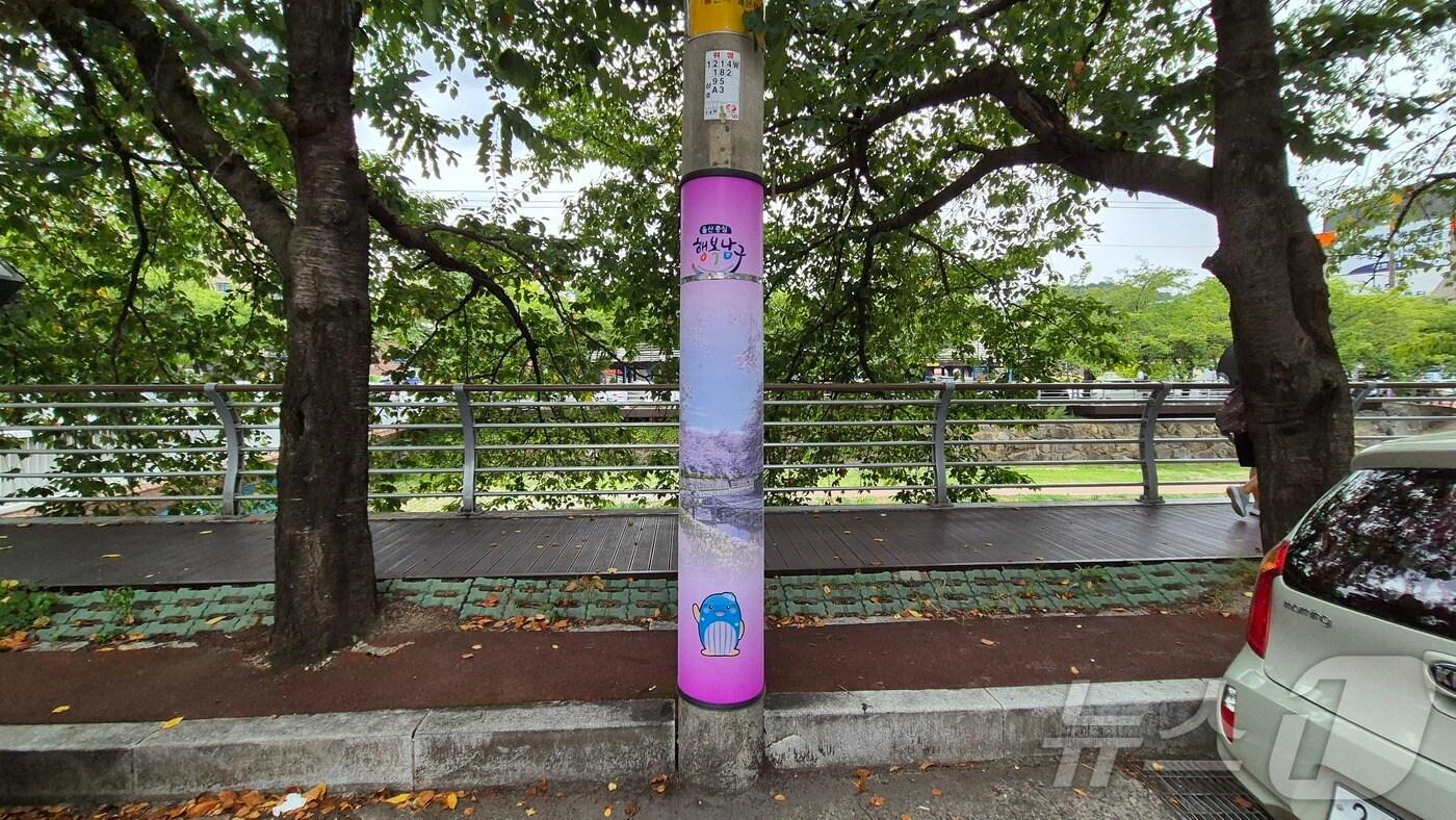 본문 이미지 - 울산 남구가 도시미관을 개선하고 쾌적한 거리를 조성하기 위해 무거천변과 관내 이면도로의 가로등주, 전신주 등 공공시설물에 122개의 불법광고물 부착방지판 설치했다고 19일 밝혔다.(남구청 제공)