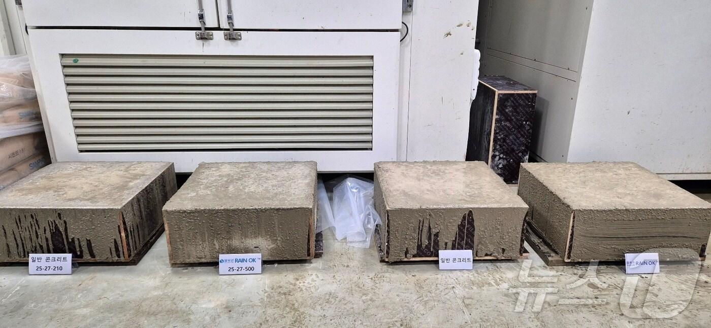 본문 이미지 - '블루콘 Rain Ok'와 일반 콘크리트 압축강도 양생 비교 모습(삼표그룹 제공)