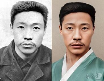 본문 이미지 - 국가보훈부와 빙그레가 제79주년 광복절을 맞아 일제강점기 빛바랜 수의(囚衣)를 입고 옥중 순국한 독립유공자들에게 AI기술을 활용해 한복을 입혀드리는 '처음 입는 광복' 캠페인을 추진한다고 2일 밝혔다. 사진은 독립운동가 안중근의 원본(왼쪽)과 AI를 활용해 복원된 이미지. (국가보훈부 제공) 2024.8.2/뉴스1