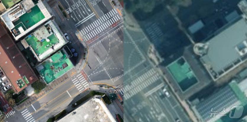 본문 이미지 - 경기 안양시가 지적재조사 등에 활용하기 위한 ‘시 전역 무인비행장치(드론) 지도’를 자체 제작했다. 사진은 만안구청 앞 사거리 드론지도(왼쪽)와 위성지도(오른쪽).(안양시 제공)/