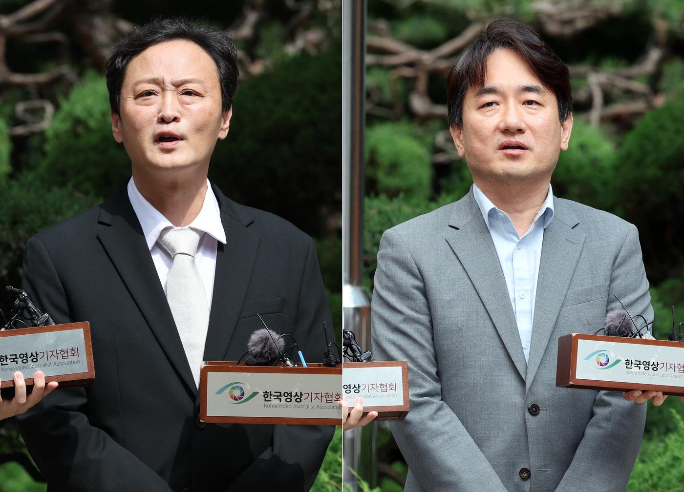 본문 이미지 - 대규모 판매 대금 미정산 사태를 야기한 류광진 티몬 대표이사(왼쪽)와 류화현 위메프 대표이사가 2일 서울 서초구 서울회생법원에서 열린 기업 회생 개시 여부를 결정하기 위한 대표자 심문에 출석하며 취재진의 질의에 답변하고 있다. 2024.8.2/뉴스1 ⓒ News1 신웅수 기자