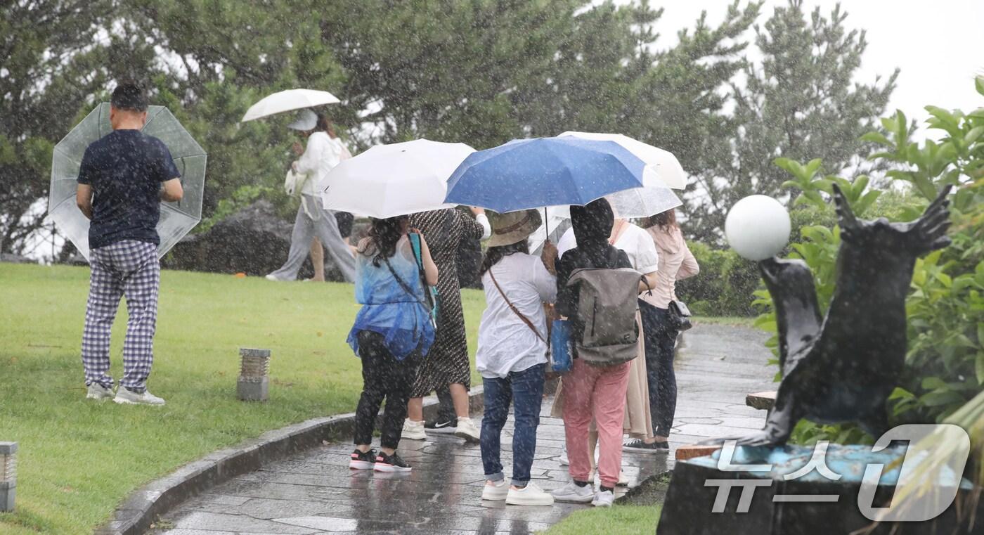 제9호 태풍 '종다리'가 제주를 향해 북상 중인 20일 오전 서귀포시 중문해수욕장 인근에서 한 관광객이 파도를 지켜보고 있다.  2024.8.20/뉴스1 ⓒ News1 오현지 기자