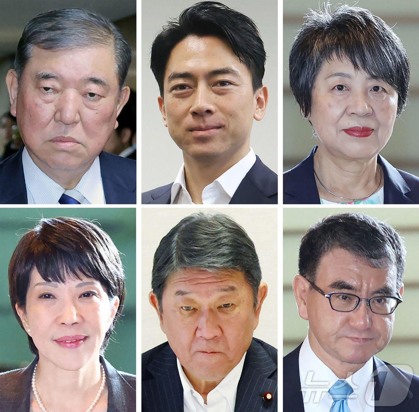 본문 이미지 - 일본 지지통신이 꼽은 차기 일본 자민당 총재 후보 6인. 차기 총재는 퇴임하는 기시다 후미오 총리에 뒤이어 후임 일본 총리가 된다. 사진 위 왼쪽부터 시계 방향으로 이시바 시게루 전 자민당 간사장, 고이즈미 신지로 전 환경상, 가미카와 요코 외무상, 고노 다로 디지털상, 모테기 도시미츠 자민당 간사장, 다카이치 사나에 특명담당상 등 6인이다. 2024.08.20 ⓒ AFP=뉴스1 ⓒ News1 정지윤기자
