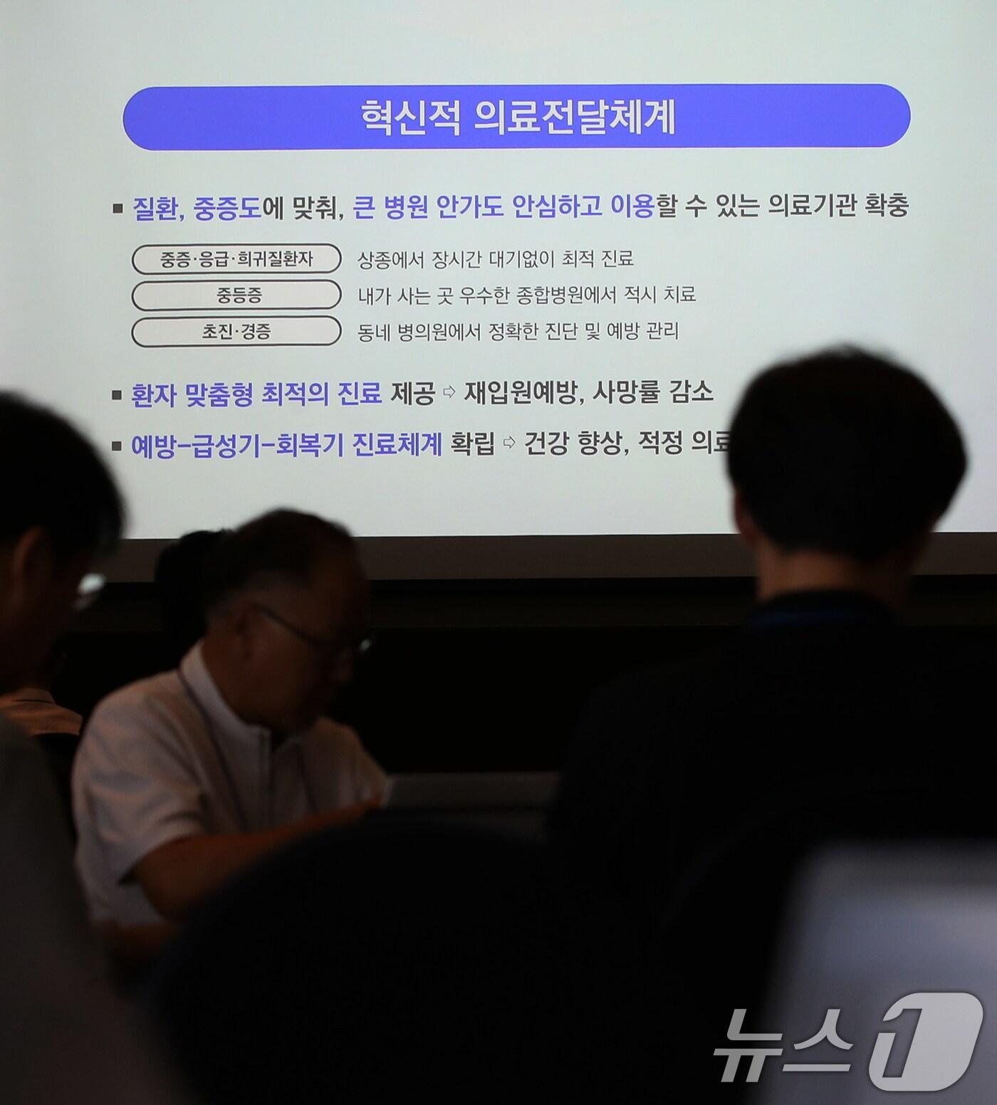 본문 이미지 - 21일 서울 중구 프레지던트호텔에서 열린 &#39;혁신적 의료공급 및 이용체계 개편방안&#39; 공청회에서 유정민 보건복지부 의료체계혁신과장이 상급종합병원 구조전환 및 의료공급체계 개편 방안과 관련한 주제 발표를 하고 있다. 2024.8.21/뉴스1 ⓒ News1 오대일 기자