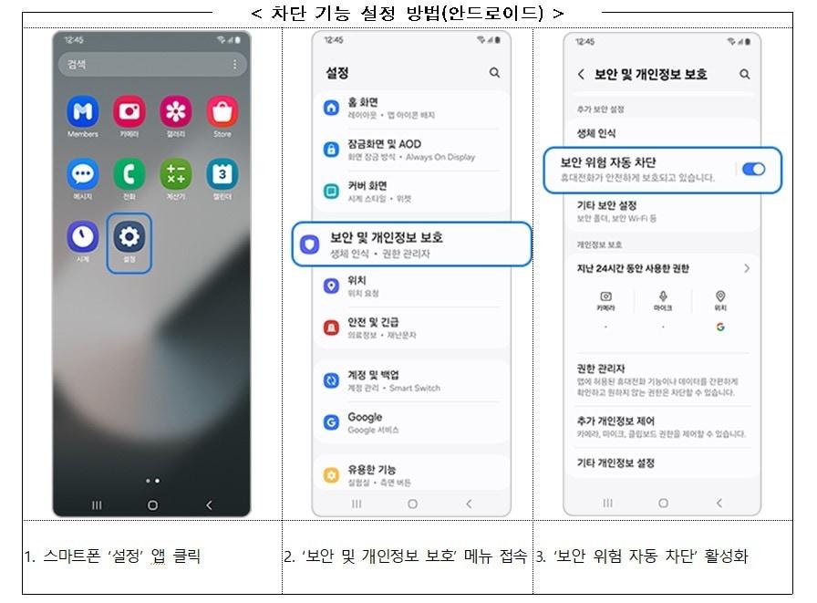 본문 이미지 - 알 수 없는 출처의 앱 설치 차단 방법. 사진은 금융감독원 제공
