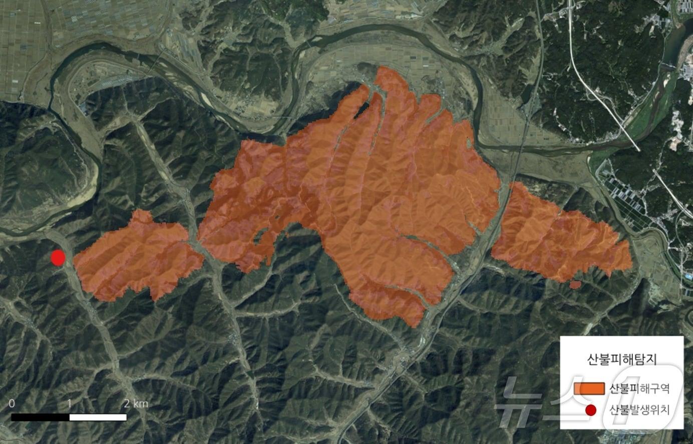 본문 이미지 -  산불피해지 및 피해강도 등급 분류 기술 활용 결과, 2020년도 경북 안동 산불 사례(산림청 국립산림과학원 제공)/뉴스1 