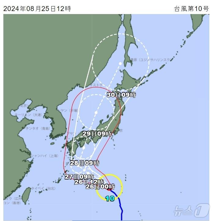 본문 이미지 - 10호 태풍 '산산'의 예상 이동 경로.(일본 기상청 갈무리).