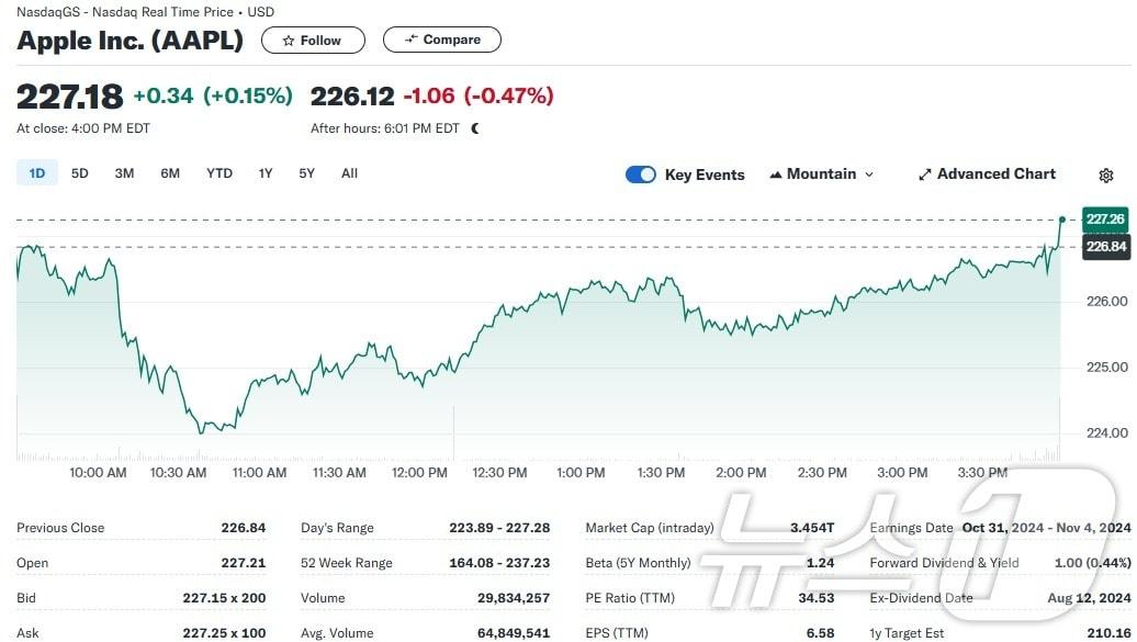 본문 이미지 - 애플 일일 주가추이 - 야후 파이낸스 갈무리