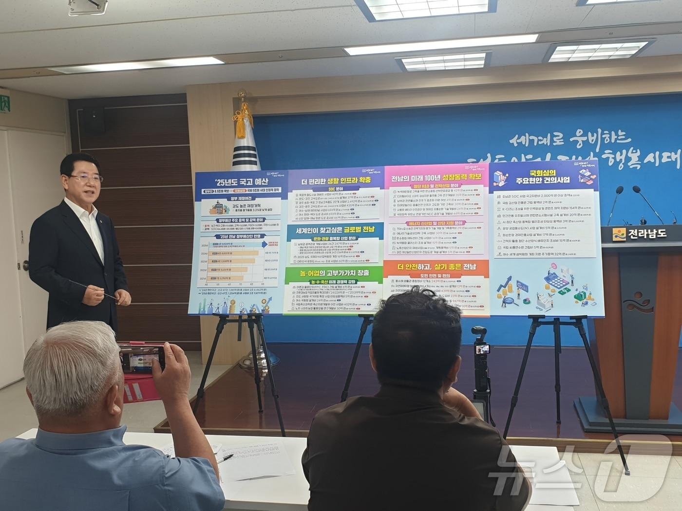 본문 이미지 - 27일 전남도청 브리핑룸에서 김영록 전남도지사가 내년도 정부 예산으로 확보한 내용에 대해 설명하고 있다. 2024.8.27/뉴스1 ⓒ News1 전원 기자